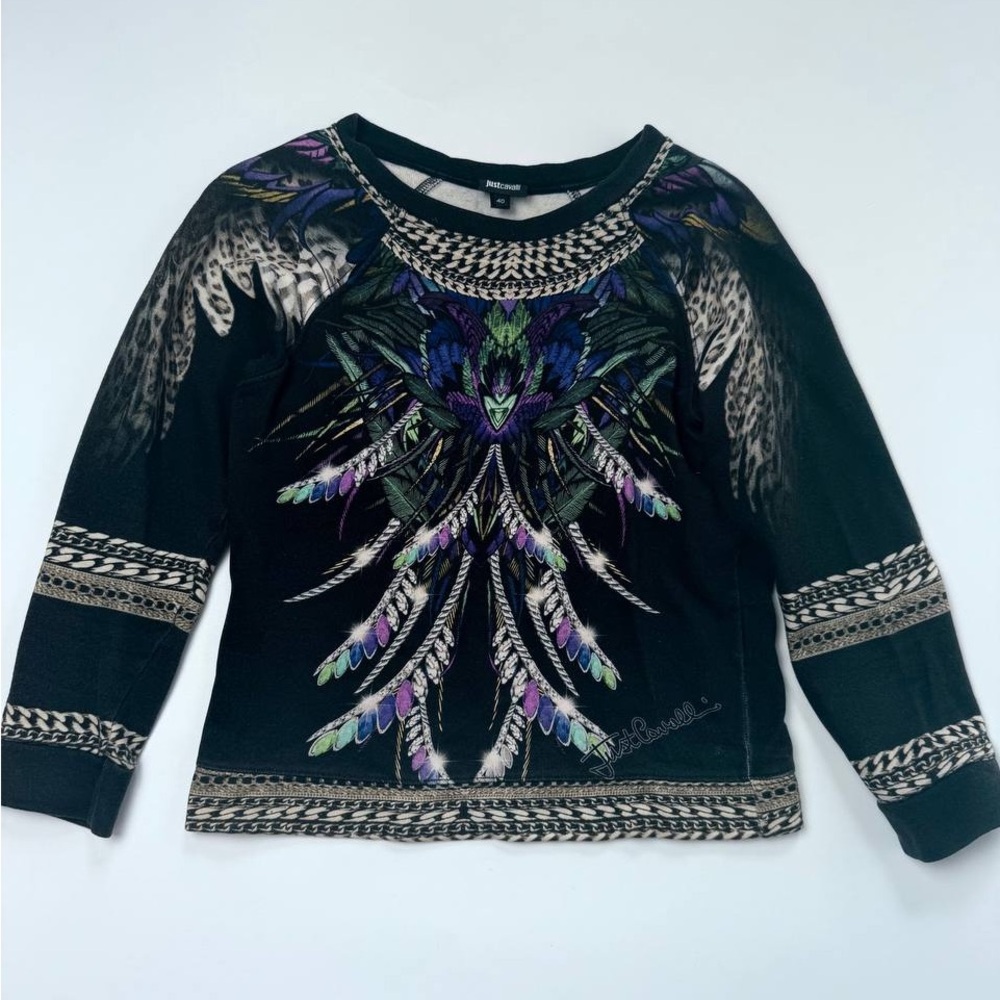 Roberto Cavalli Black Multicolor Feather Print Top